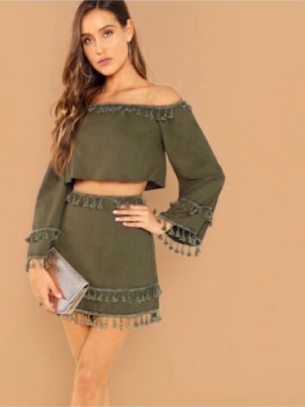 Olive Green Tassel Trim Mini Skirt